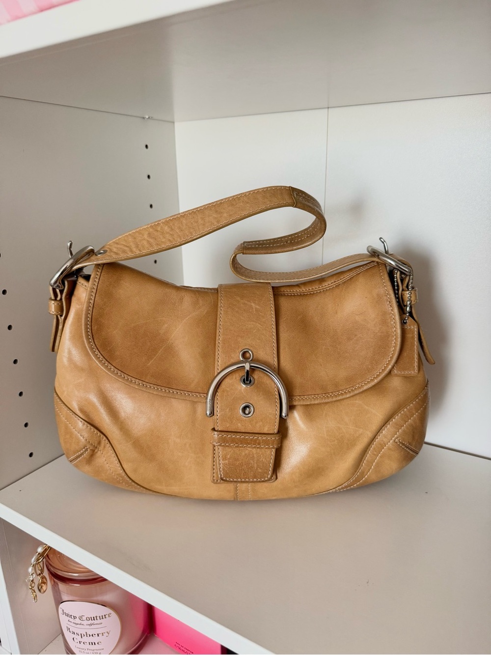 Coach Soho Vintage Tan Leather Hobo Shoulder Bag with Buckle Accent